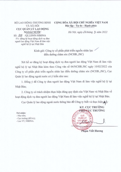 CÔNG TY CỔ PHẦN PHÁT TRIỂN NGUỒN NHÂN LỰC ĐIỀU DƯỠNG CHĂM SÓC ĐƯỢC CẤP PHÉP ĐƯA NGƯỜI LAO ĐỘNG VIỆT NAM ĐI LÀM VIỆC NGHỀ HỘ LÝ TẠI NHẬT BẢN
