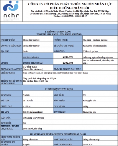 ĐƠN HÀNG LAO ĐỘNG ĐẶC ĐỊNH – NHÀ HÀNG