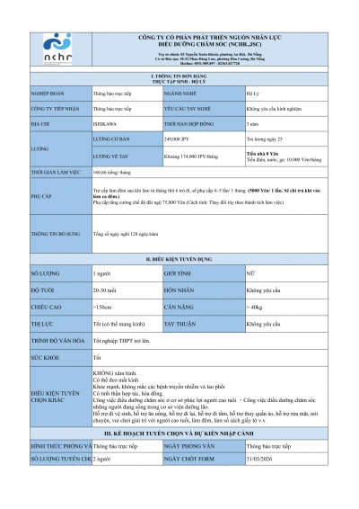 ĐƠN HÀNG THỰC TẬP SINH NGÀNH HỘ LÝ - ISHIKAWA THÁNG 2/2026