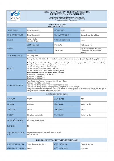 ĐƠN HÀNG THỰC TẬP SINH NGÀNH HỘ LÝ - OSAKA - HYOGO THÁNG 1/2026