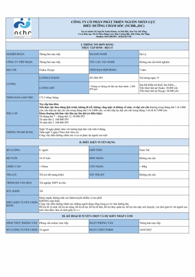 ĐƠN HÀNG THỰC TẬP SINH NGÀNH HỘ LÝ - OSAKA THÁNG 7/2025