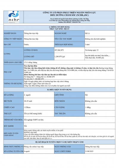 ĐƠN HÀNG THỰC TẬP SINH NGÀNH HỘ LÝ - OSAKA THÁNG 7/2025