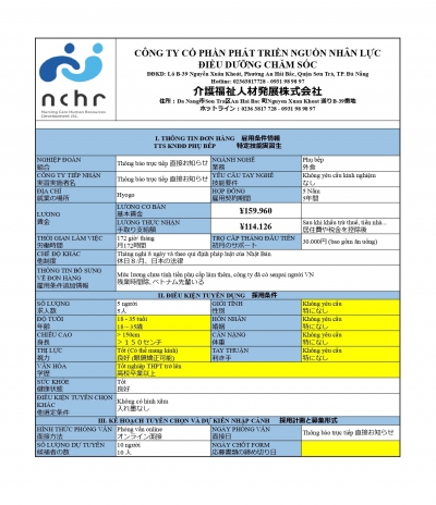 ĐƠN HÀNG THỰC TẬP SINH NGÀNH PHỤ BẾP – ĐÃ TUYỂN ĐỦ