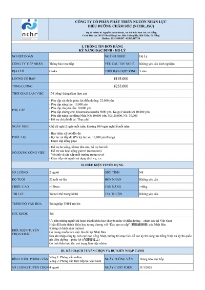 OSAKA-ĐƠN HÀNG KỸ NĂNG ĐẶC ĐỊNH NGÀNH HỘ LÝ