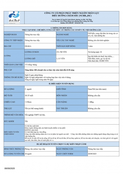 TUYỂN DỤNG TTS NGÀNH CHUẨN BỊ BỮA ĂN CHO CS Y TẾ & PHÚC LỢI (PHỤ BẾP)